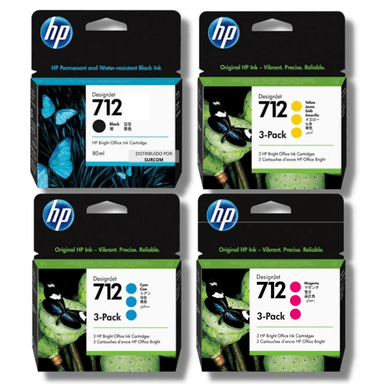 PACK DE TINTAS HP 712 (3ED77A, 3ED78A, 3ED79A, 3ED70A) - 3 PACK 29ML CIAN, MAGENTA, AMARILLO + 80ML NEGRO