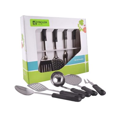 SET DE UTENSILIOS X 5 ACERO INOX MANGO NEGRO + COLGADOR MARCA FACUSA