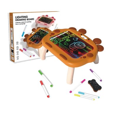 JUGUETE CREATIVO PIZARRA MESA DE DIBUJO CON LUZ LED  Y PLUMONES - COLOR MARRÓN - 1