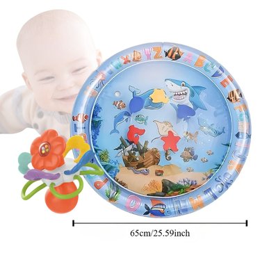 SET DE ESTIMULACIÓN BEBÉ: ALFOMBRA DE AGUA 65CM + SONAJERO MOLAR EN FORMA DE FLOR - 1