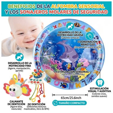SET DE ESTIMULACIÓN BEBÉ: ALFOMBRA DE AGUA 65CM + SONAJERO MOLAR EN FORMA DE FLOR - 2