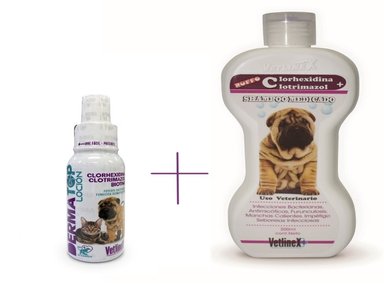 PACK DERMATOLÓGICO PERROS Y GATOS VETLINEX (SHAMPOO MEDICADO CLORHEXIDINA MÁS CLOTRIMAZOL + LOCIÓN DERMA TOP