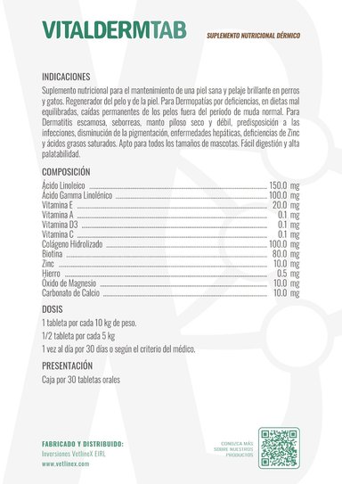 VITAMINAS PERROS Y GATOS VETLINEX 60 TABLETAS VITALDERM TAB FRASCO - 3