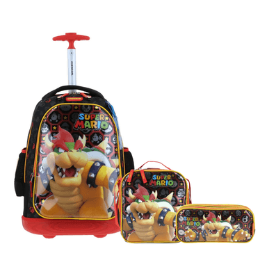 PACK ESCOLAR NINTENDO BOWSER- MOCHILA CON RUEDAS + LONCHERA + LAPICERA