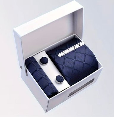 SET CORBATA PISA CORBATA GEMELOS Y PAÑUELO AZUL ROMBOS - 1