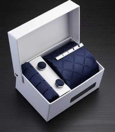SET CORBATA PISA CORBATA GEMELOS Y PAÑUELO AZUL ROMBOS - 3