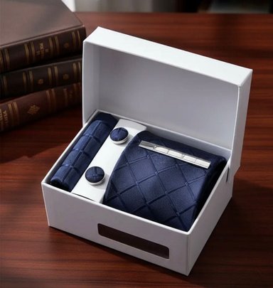 SET CORBATA PISA CORBATA GEMELOS Y PAÑUELO AZUL ROMBOS - 4