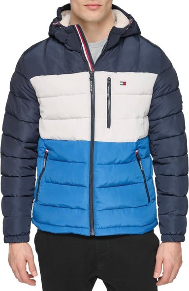 TOMMY HILFIGER CHAQUETA ACOLCHADA RESISTENTE AL AGUA CON CAPUCHA Y FORRO SHERPA DE PESO MEDIO PARA HOMBRE, HILFIGER AZUL - 1