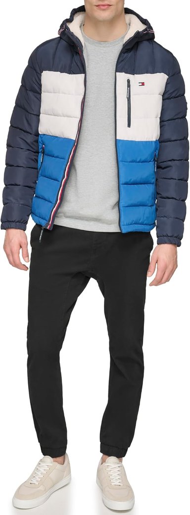 TOMMY HILFIGER CHAQUETA ACOLCHADA RESISTENTE AL AGUA CON CAPUCHA Y FORRO SHERPA DE PESO MEDIO PARA HOMBRE, HILFIGER AZUL - 3