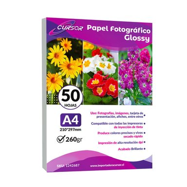 PAPEL GLOSSY FOTOGRAFICO BRILLANTE A4 260G 50 HOJAS CURSOR