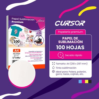 PAPEL SUBLIMACIÓN A4 CURSOR 100 HOJAS 110G PREMIUM PRO COLOR - 2
