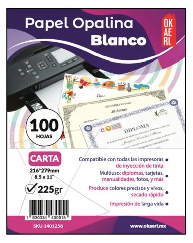 PAPEL OPALINA LISA 225GR TAMAÑO CARTA 100 HOJAS TAMAÑO CARTA