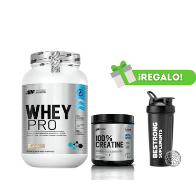 PROTEÍNA WHEY PRO 1.1KG VAINILLA + CREATINA UNIVERSE NUTRITION 250G + SHAKER