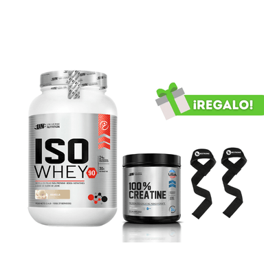 PROTEÍNA ISO WHEY 1.1KG VAINILLA + CREATINA UNIVERSE NUTRITION 250G + STRAPS