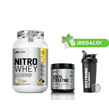 PROTEÍNA NITRO WHEY 1.1KG VAINILLA + CREATINA UNIVERSE NUTRITION 250G + SHAKER