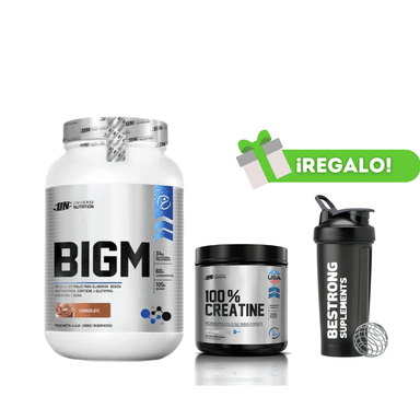 PROTEÍNA BIGM 2KG CHOCOLATE + CREATINA UNIVERSE NUTRITION 250G + SHAKER