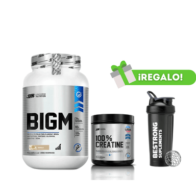 PROTEÍNA BIGM 2KG VAINILLA + CREATINA UNIVERSE NUTRITION 250G + SHAKER