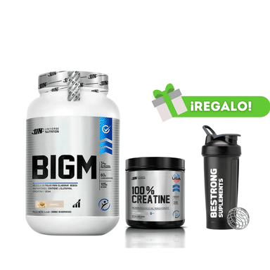 PROTEÍNA BIGM 2KG COOKIES + CREATINA UNIVERSE NUTRITION 250G + SHAKER