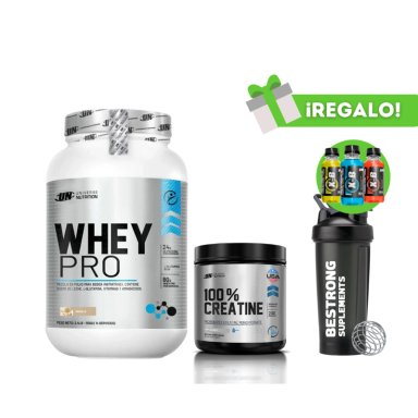 PROTEÍNA WHEY PRO 1KG VAINILLA + CREATINA UN 150G + SHAKER + 3 XB