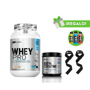 PROTEÍNA WHEY PRO 1KG VAINILLA + CREATINA UN 150G + STRAPS + 3 XB