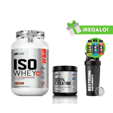 PROTEÍNA ISO WHEY 1KG CHOCOLATE + CREATINA UN 150G + SHAKER + 3 XB
