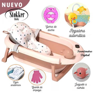 BAÑERA STOKKER BABY PISCIS ROSA TINA PLEGABLE CON TERMÓMETRO