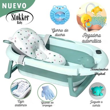 BAÑERA STOKKER BABY PISCIS VERDE TINA PLEGABLE CON TERMÓMETRO