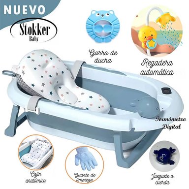 BAÑERA STOKKER BABY PISCIS AZUL TINA PLEGABLE CON TERMÓMETRO