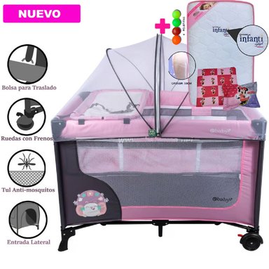 CUNA CORRAL EBABY HAPPY DREAM ROSADO +COLCHÓN