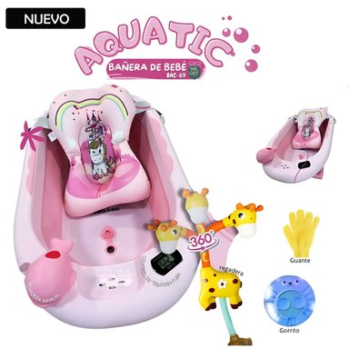 TINA BAÑERA PLEGABLE AQUATIC CON TERMÓMETRO ROSADO