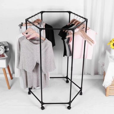 ESTANTE DE ROPA GIRATORIO HEXAGONAL CON RUEDAS ORGANIZADOR DE METAL NEGRO