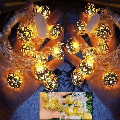 SET DE 3 TIRAS DE LUCES LED CHINAS DE BOLITAS ESFERAS DORADAS DE METAL - 1