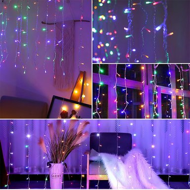 CASCADA DE LUCES LED CON PANEL SOLAR CORTINA 3MTS X 3MTS MULTICOLOR