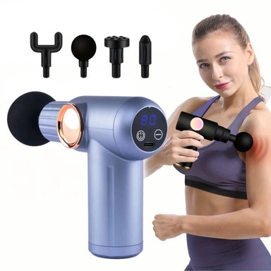 PISTOLA DE MASAJE 32 VELOCIDADES, USB-C, PANTALLA DIGITAL Y 4 CABEZALES PARA TERAPIA Y ALIVIO MUSCULAR