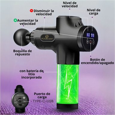 PISTOLA DE MASAJE MAX GUN PROFESIONAL PARA TERAPIA PERCUTIVA, DISEÑO PORTÁTIL Y RECARGA RÁPIDA, ALIVIA DOLORES Y FATIGA MUSCULAR - 6