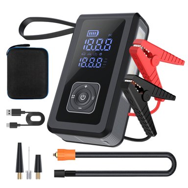 ARRANCADOR DE BATERÍA PARA AUTO CON INFLADOR, LUZ SOS Y POWER BANK  PORTÁTIL MULTIFUNCIÓN 5 EN 1