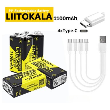 PACK DE 4 PILAS RECARGABLES 9V LIITOKALA 1100MAH CON CABLE USB TIPO C INCLUIDO, COMPATIBLES CON MICRÓFONOS, ALARMAS Y MÁS