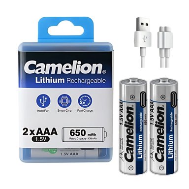 PILAS AAA RECARGABLES CAMELION USB DIRECTO 1.5V 430 MAH 650MWH LITIO ALTA DURACIÓN – PACK 2 UNIDADES