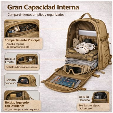 MOCHILA TÁCTICA MILITAR 50L SISTEMA MOLLE RESISTENTE IMPERMEABLE PARA CAMPING VIAJES TREKKING TRABAJO Y USO DIARIO - 4