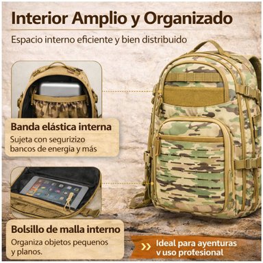 MOCHILA TÁCTICA MILITAR 50L SISTEMA MOLLE RESISTENTE IMPERMEABLE PARA CAMPING VIAJES TREKKING TRABAJO Y USO DIARIO - 5