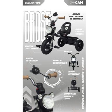 TRICICLO INFANTIL 3 RUEDAS PARA BEBÉS Y NIÑOS 1.5 A 5 AÑOS ESTILO MOTO BABY CAM CON ASIENTO, CINTURÓN Y CANASTA - 5