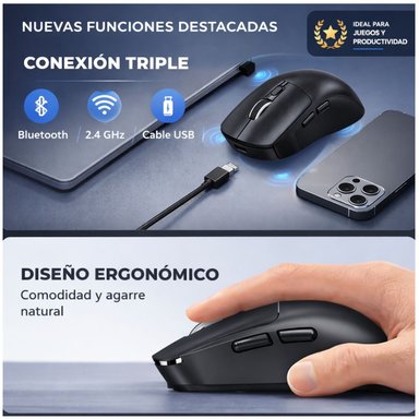 MOUSE BLUETOOTH RECARGABLE ERGONÓMICO 2.4G CON BOTONES LATERALES DPI AJUSTABLE PARA OFICINA ESTUDIO Y HOGAR - 3