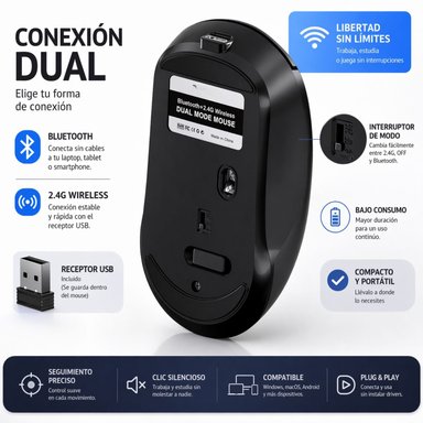 MOUSE INALÁMBRICO BLUETOOTH 2.4G RECARGABLE TIPO C DPI AJUSTABLE 800 1600 2400 ERGONÓMICO PARA LAPTOP PC - 4