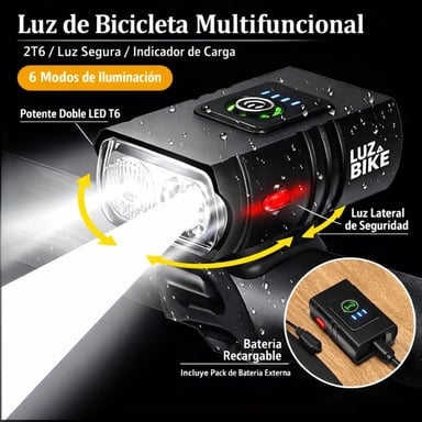 LUZ DELANTERA PARA BICICLETA RECARGABLE USB 1000LM IMPERMEABLE 6 MODOS LUZ LED PARA BICICLETA - 2