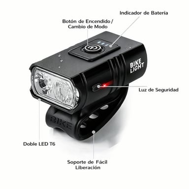 LUZ DELANTERA PARA BICICLETA RECARGABLE USB 1000LM IMPERMEABLE 6 MODOS LUZ LED PARA BICICLETA - 3