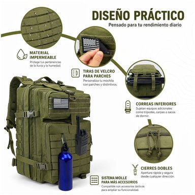 MOCHILA TÁCTICA MILITAR 45L SISTEMA MOLLE RESISTENTE IMPERMEABLE PARA CAMPING VIAJES TREKKING TRABAJO Y USO DIARIO - 2