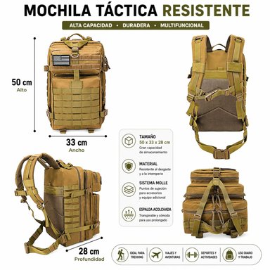 MOCHILA TÁCTICA MILITAR 45L SISTEMA MOLLE RESISTENTE IMPERMEABLE PARA CAMPING VIAJES TREKKING TRABAJO Y USO DIARIO - 2