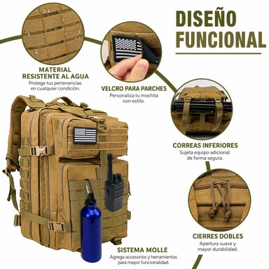 MOCHILA TÁCTICA MILITAR 45L SISTEMA MOLLE RESISTENTE IMPERMEABLE PARA CAMPING VIAJES TREKKING TRABAJO Y USO DIARIO - 3