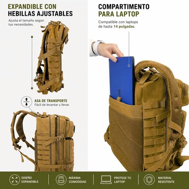 MOCHILA TÁCTICA MILITAR 45L SISTEMA MOLLE RESISTENTE IMPERMEABLE PARA CAMPING VIAJES TREKKING TRABAJO Y USO DIARIO - 4