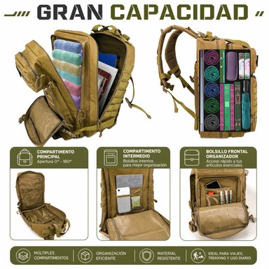 MOCHILA TÁCTICA MILITAR 45L SISTEMA MOLLE RESISTENTE IMPERMEABLE PARA CAMPING VIAJES TREKKING TRABAJO Y USO DIARIO - 5